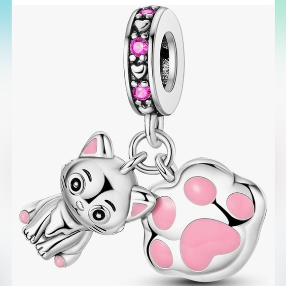 Sterling silver kitten and paw charm in pink for your Pandora  bracelet - Picture 1 of 2